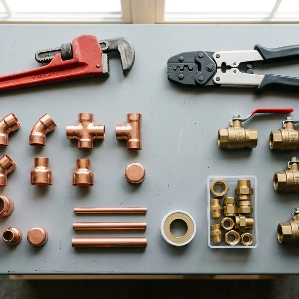 Reliable plumber near me tools, copper pipe fittings, and brass shutoff valves for urgent plumbing repair