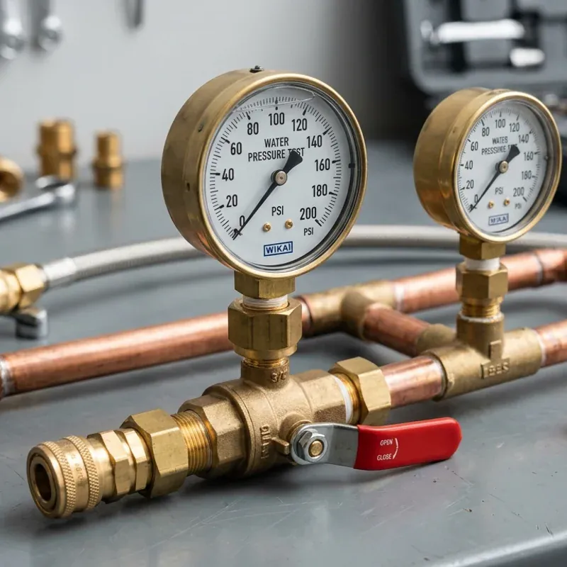 Licensed plumber testing water pressure with diagnostic gauges and copper manifold valves